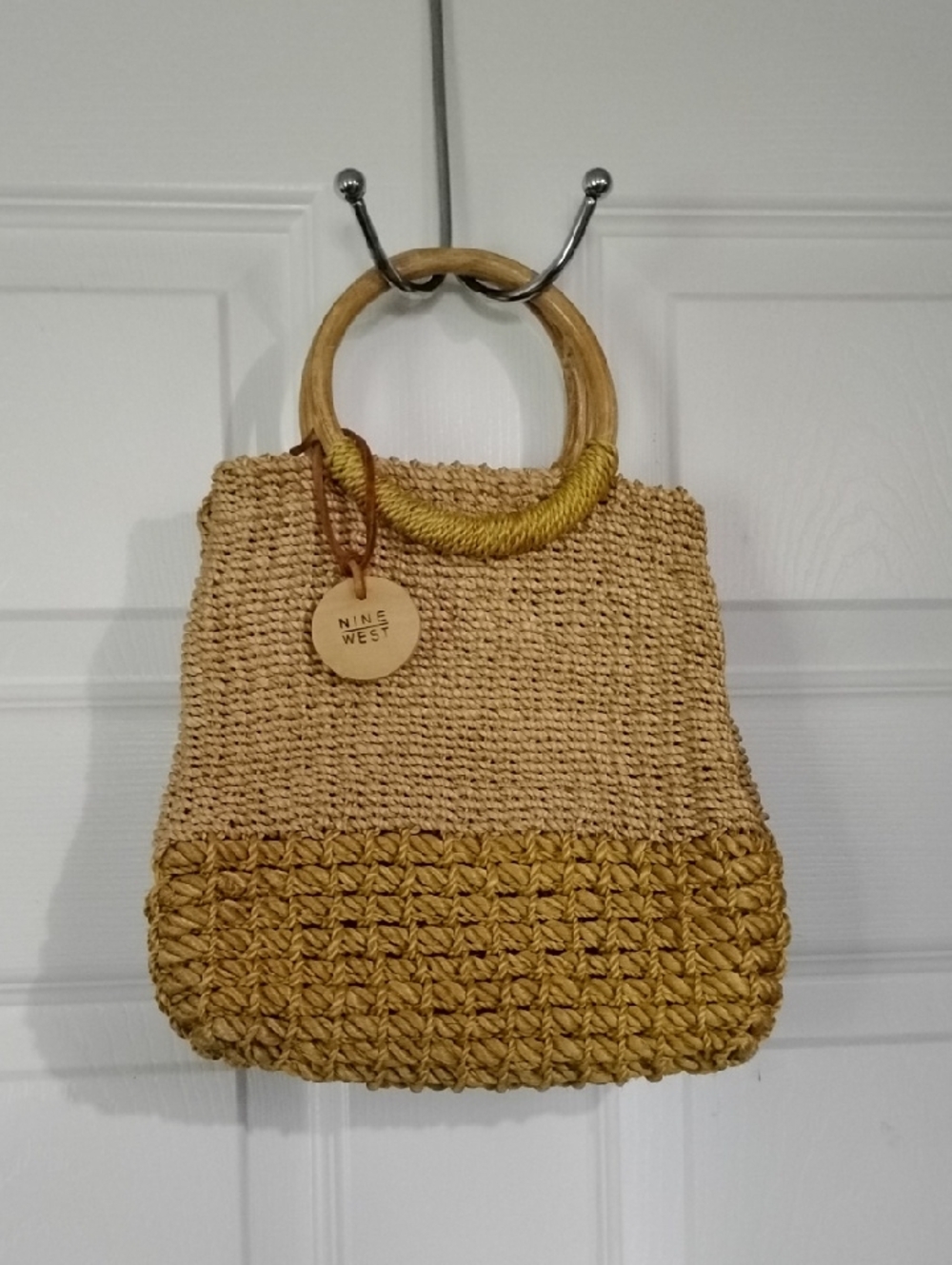 Nine West Two-Tone Straw Tote with Wooden Handles - Natural & Mustard